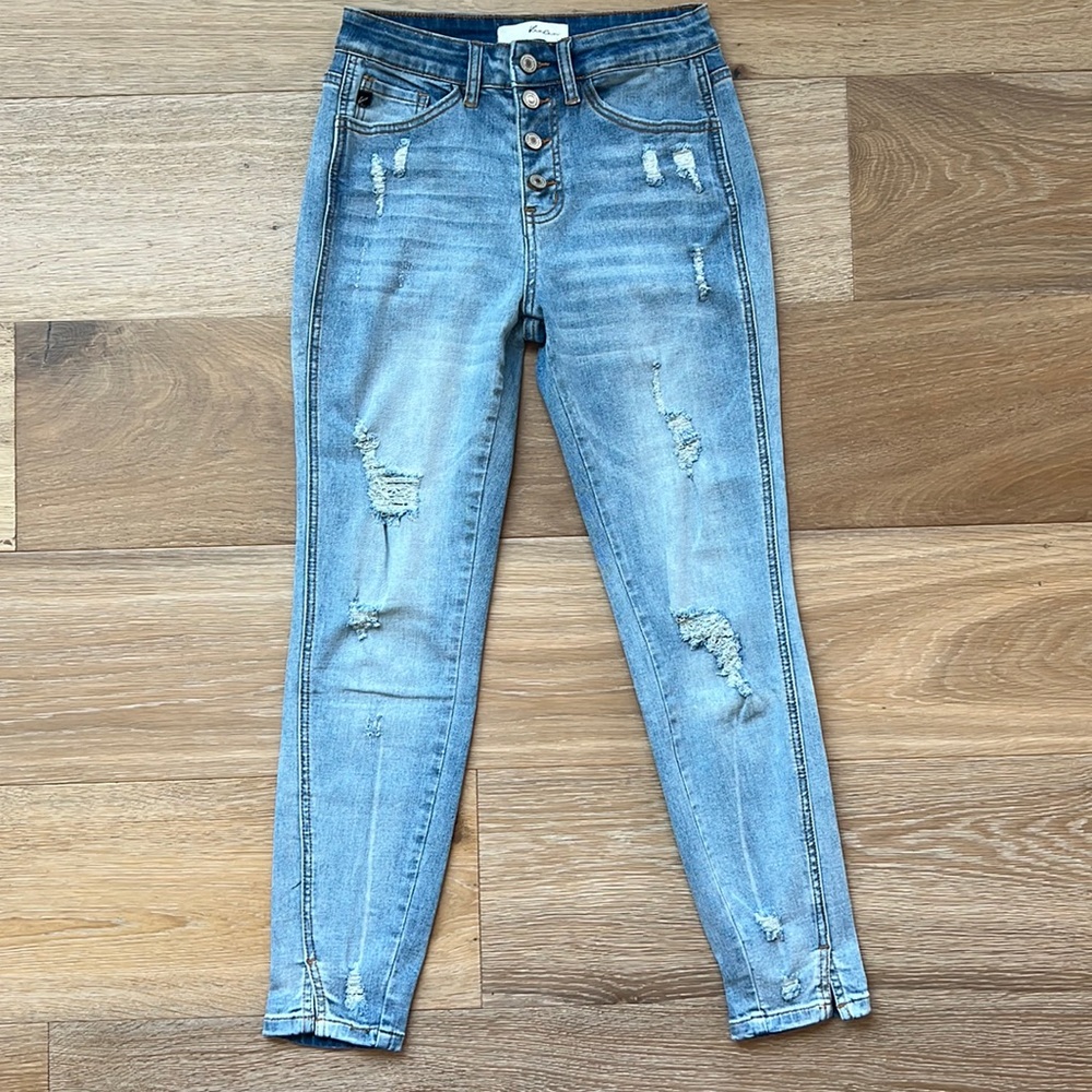 KanCan high-waisted button up distressed light wash skinny